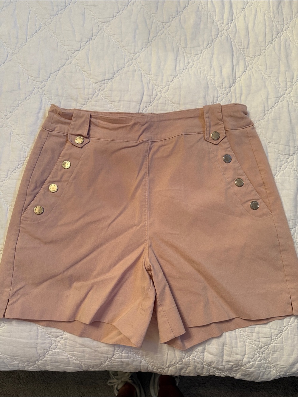 Dusty Rose High-Rise Button Accent Shorts with striped floral halter top.